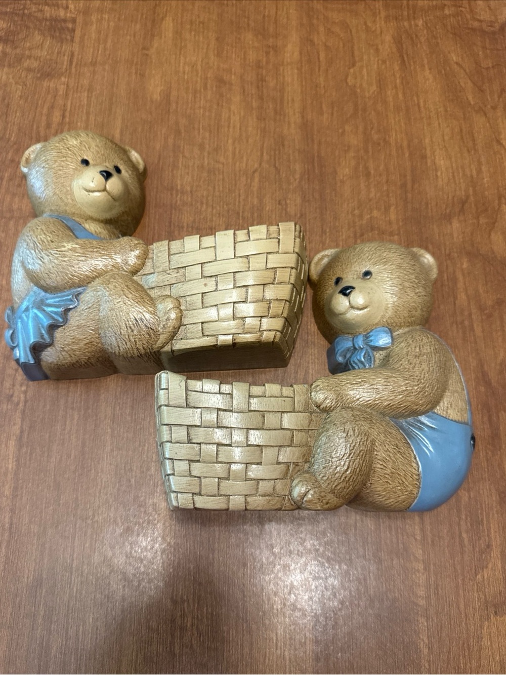Home Interiors Cream Bear Planter Pair with Blue Accents